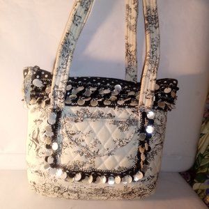 WHITE SWEET OLLIVE DESIGNS 100% COTTON, BLACK AND WHITE SEQUENCED FLORAL HANDBAG